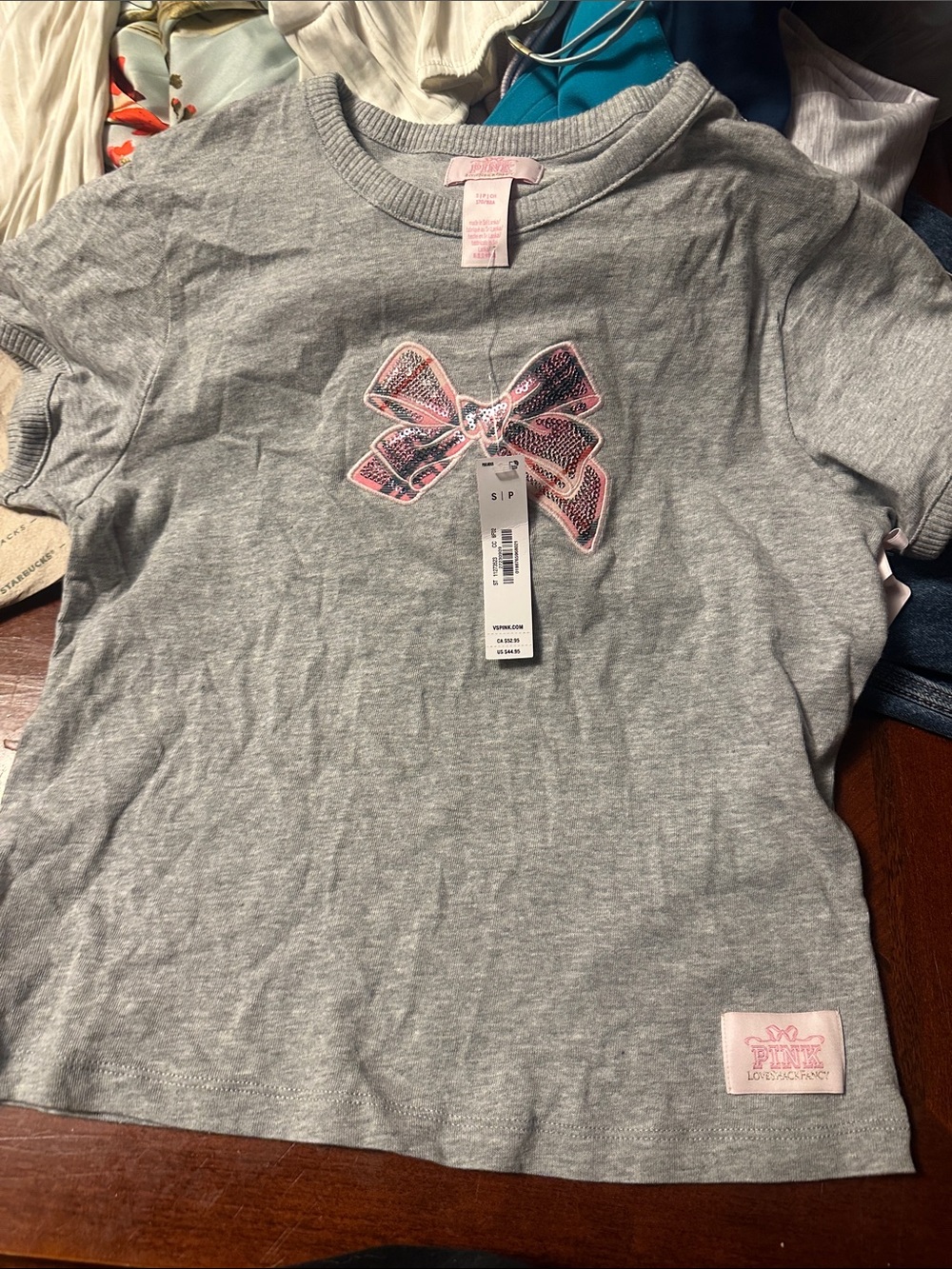 PINK Victoria's Secret Gray Tee with Pink Sequin Bow Appliqué